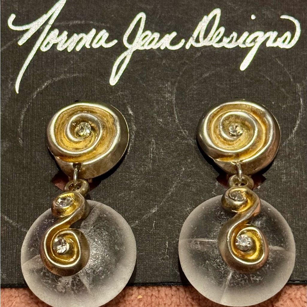 Vintage Signed N.J. Norma Jean Gold & Silver Swirl Frosted Dangling Clip Earring